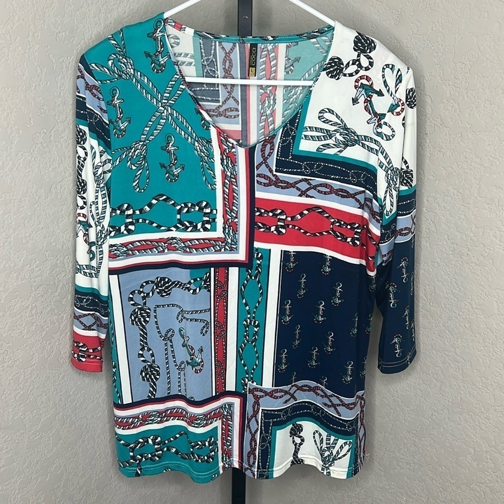 714 - Stefano Cocci NEW Green/Red Multicolor Short Sleeve Top, Size Large